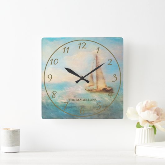 パーソナライズされた航海の帆船と海絵画の スクエア壁時計 (ホーム)
