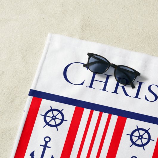 パーソナライズされた航海の赤白青のいかり ビーチタオル (インサイチュ)