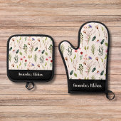 パーソナライズされた花の咲くグリーンアリー スクリプト カラフル 鍋つかみ&鍋敷きセット