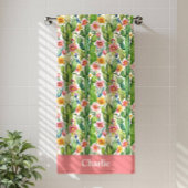 パーソナライズされた花の多いハスの葉 バスタオル