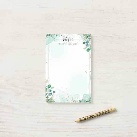 パーソナライズされた花モチーフのゴールドフレーム ポストイット (デスク上)