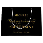 パーソナライズされた花婿介添人ブラックと金ゴールドありがとう ラージペーパーバッグ (正面)