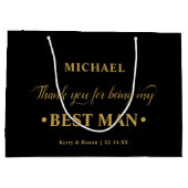 パーソナライズされた花婿介添人ブラックと金ゴールドありがとう ラージペーパーバッグ (裏面)