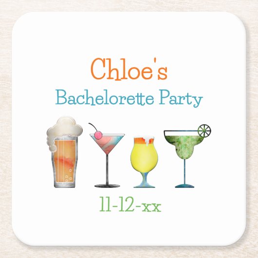 パーソナライズされた花嫁の最後の夜の名前と日付 スクエアペーパーコースター (正面)