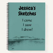 パーソナライズされた芸術的ティール(緑がかった色)海と山のおもしろい ノートブック (正面)