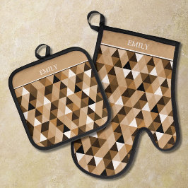 パーソナライズされた茶色の幾何学的パターン 鍋つかみ&鍋敷きセット