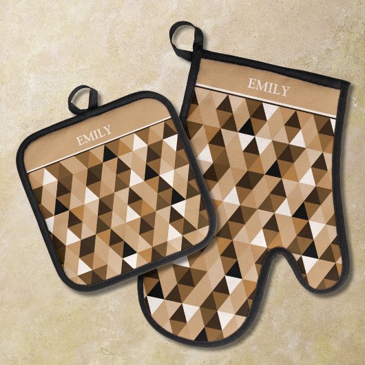 パーソナライズされた茶色の幾何学的パターン 鍋つかみ&鍋敷きセット