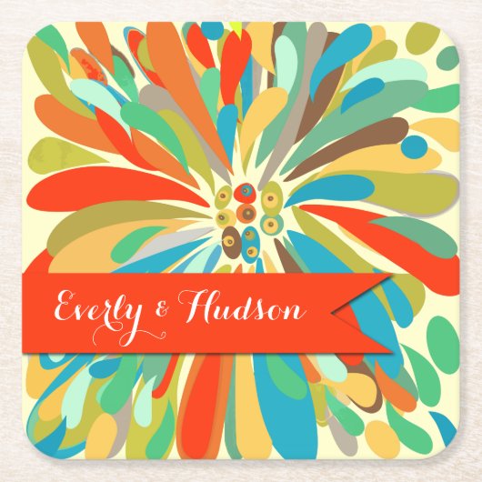 パーソナライズされた菊はっきりしたカラフルフローラ スクエアペーパーコースター (正面)