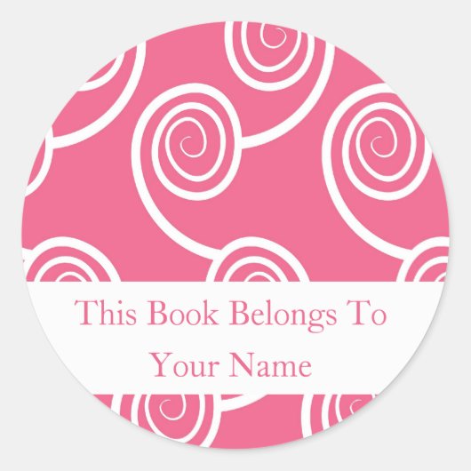 パーソナライズされた蔵書票 – ピンクの白い旋回 ラウンドシール (正面)