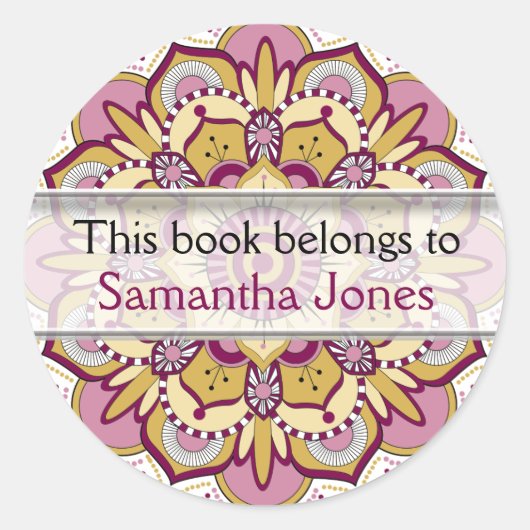 パーソナライズされた蔵書票 | ピンクマンダラパターン ラウンドシール (正面)