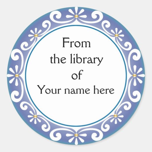 パーソナライズされた蔵書票 – 白い渦巻き ラウンドシール (正面)