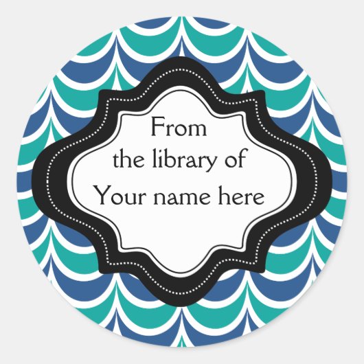 パーソナライズされた蔵書票│青緑の波状ストライプ ラウンドシール (正面)