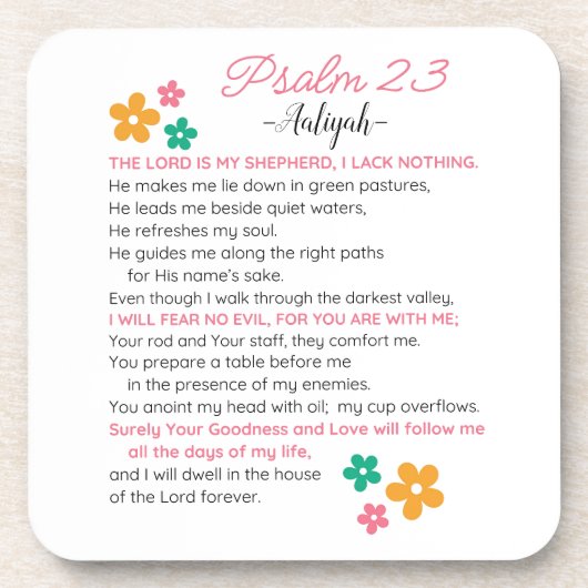 パーソナライズされた詩編23-NIVバイブル聖なる書物、 経典花 コースター (正面)