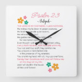 パーソナライズされた詩編23-NIVバイブル聖なる書物、 経典花 スクエア壁時計 (正面)