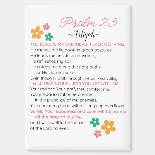 パーソナライズされた詩編23-NIVバイブル聖なる書物、 経典花 マグネット (正面)