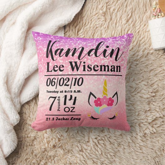 パーソナライズされた誕生ユニコーングラデーショングリッター枕 クッション (ブランケット)