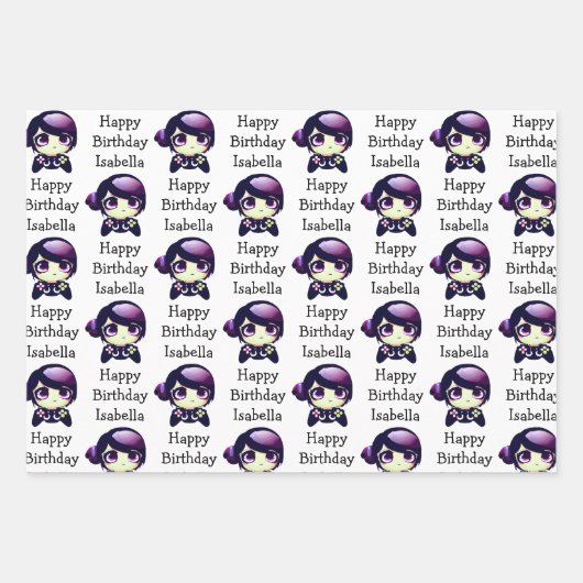 パーソナライズされた誕生日アニメのゲームとピザパーティー ラッピングペーパーシート (正面)