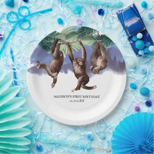 パーソナライズされた誕生日ウッドランドフォレストモンキー ペーパープレート (パーティー)