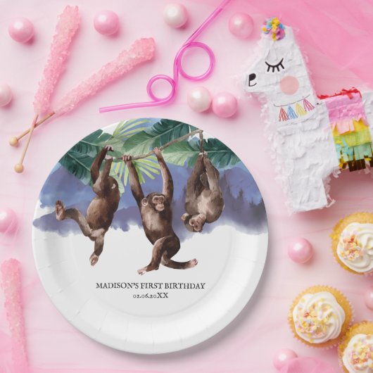 パーソナライズされた誕生日ウッドランドフォレストモンキー ペーパープレート (パーティー)