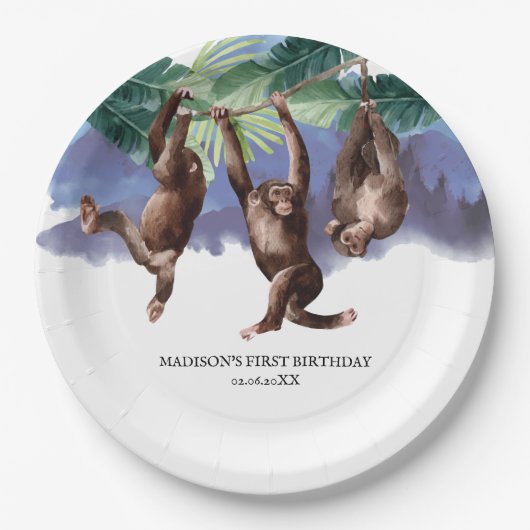パーソナライズされた誕生日ウッドランドフォレストモンキー ペーパープレート (正面)