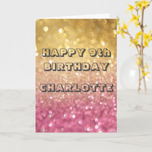パーソナライズされた誕生日カード – 金ゴールドピンクグリッター カード (黄色い花)