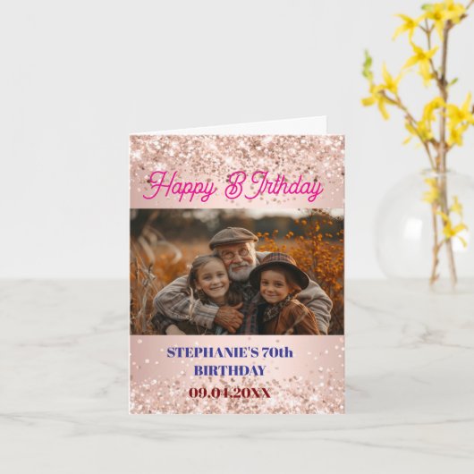 パーソナライズされた誕生日バラ金ゴールド写真 カード (黄色い花)