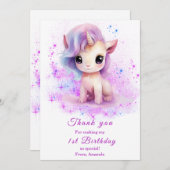 パーソナライズされた誕生日ピンクと紫のユニコーン サンキューカード (正面/裏面)