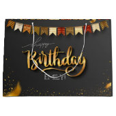パーソナライズされた誕生日ブラックと金ゴールドストライプ ラージペーパーバッグ (正面)