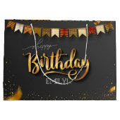 パーソナライズされた誕生日ブラックと金ゴールドストライプ ラージペーパーバッグ (裏面)
