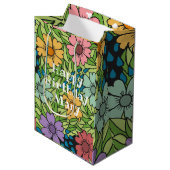 パーソナライズされた誕生日レトロ数々の花色 ミディアムペーパーバッグ (正面アングル)