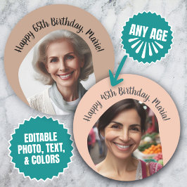 パーソナライズされた誕生日写真の名前Any Ageカスタム ラウンドシール