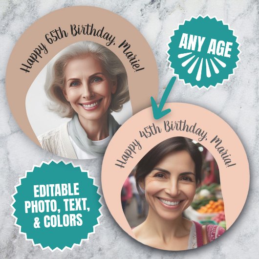 パーソナライズされた誕生日写真の名前Any Ageカスタム ラウンドシール