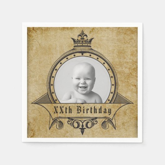 パーソナライズされた誕生日写真テンプレートヴィンテージレトロ スタンダードカクテルナプキン (正面)