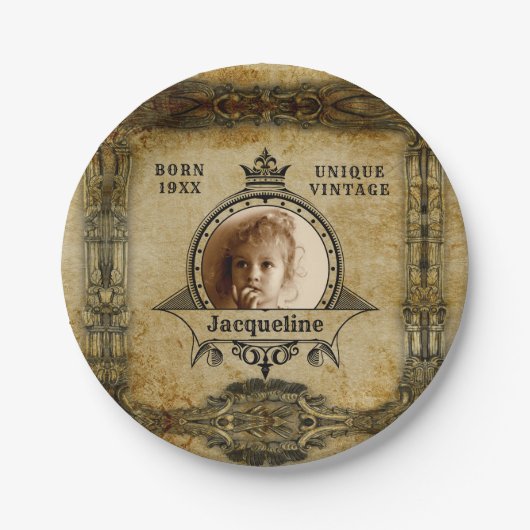 パーソナライズされた誕生日写真テンプレートヴィンテージレトロ ペーパープレート (正面)