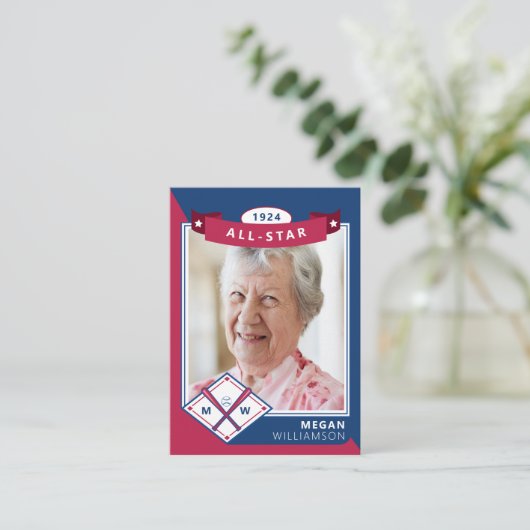 パーソナライズされた誕生日写真&統計ベースボールカード エンクロージャーカード (スタンド正面)