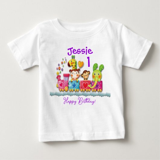 パーソナライズされた誕生日動物列車の幼い子ども ベビーTシャツ (正面)