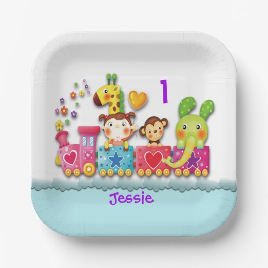 パーソナライズされた誕生日動物列車の幼い子ども ペーパープレート (正面)