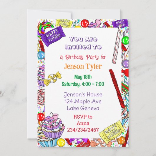 パーソナライズされた誕生日招待状 |キャンディお洒落 招待状 (正面)