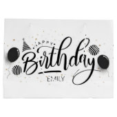 パーソナライズされた誕生日白黒ストライプ ラージペーパーバッグ (裏面)