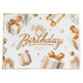 パーソナライズされた誕生日金ゴールドと白ストライプ色 ラージペーパーバッグ (正面)