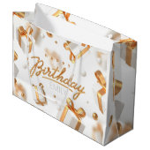 パーソナライズされた誕生日金ゴールドと白ストライプ色 ラージペーパーバッグ (正面アングル)