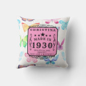 パーソナライズされた誕生日1930蝶ピンクの名前を追加 クッション (裏面)