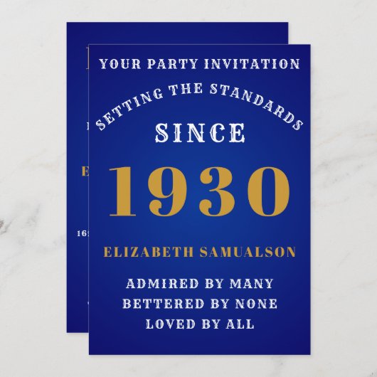 パーソナライズされた誕生日1930青エレガント金ゴールドホワイト 招待状 (正面/裏面)