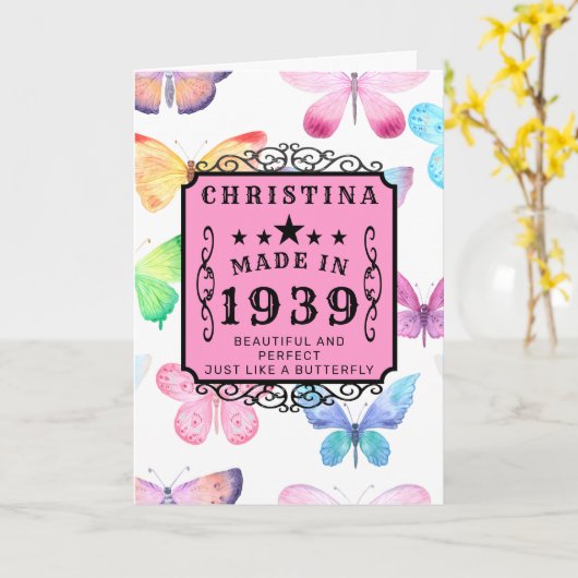 パーソナライズされた誕生日1939ピンクエレガント蝶 カード (黄色い花)