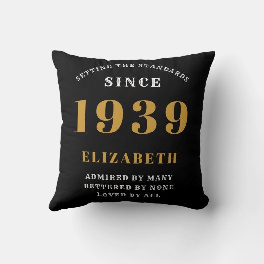 パーソナライズされた誕生日1939黒金ゴールドホワイトシック クッション (裏面)