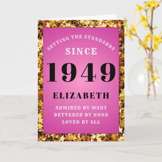 パーソナライズされた誕生日1949ピンク金ゴールドグリッターガーリー カード (黄色い花)