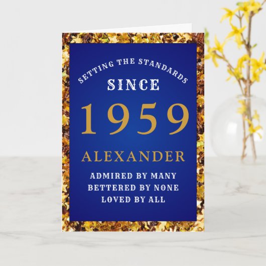 パーソナライズされた誕生日1959名前ブルー金ゴールドグリッター カード (黄色い花)
