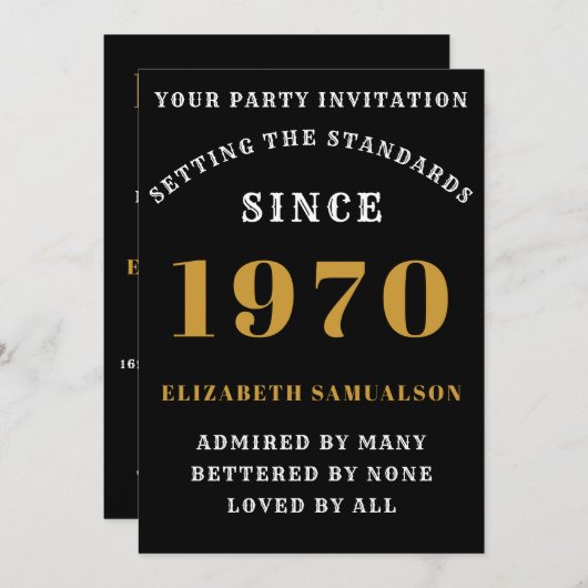 パーソナライズされた誕生日1970ブラックネームを追加 招待状 (正面/裏面)