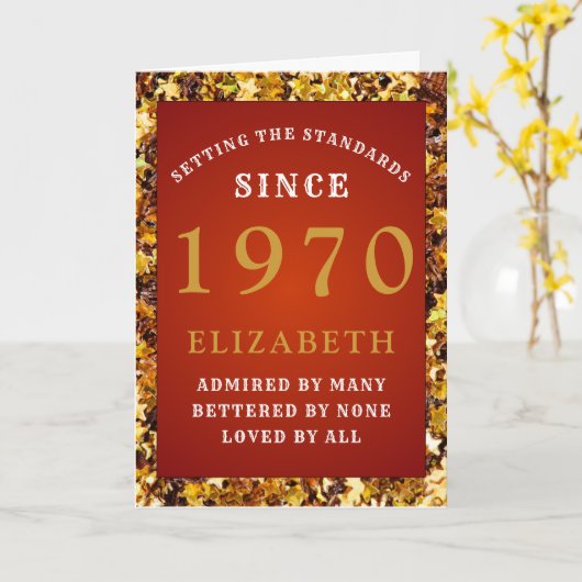 パーソナライズされた誕生日1970赤金ゴールドグリッター名 カード (黄色い花)