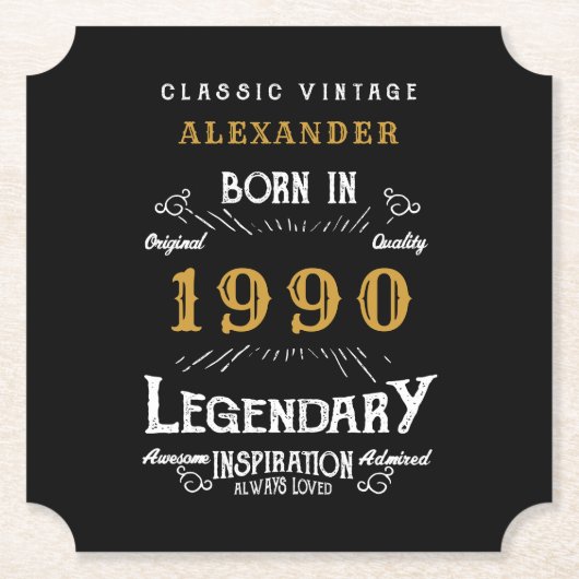 パーソナライズされた誕生日1990伝説的な名前を追加 ペーパーコースター (正面)